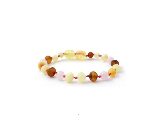 Barnsteen armband - Ruwe multicolour en Rozenkwarts