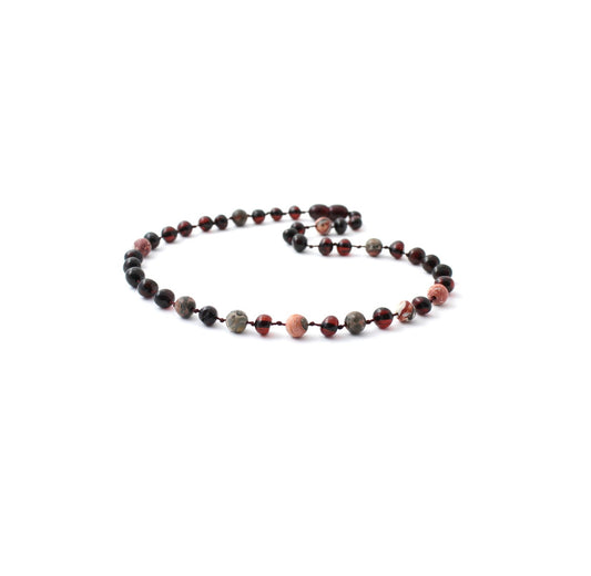 Barnsteen ketting - Ruwe Cherry & Luipaard Jaspis
