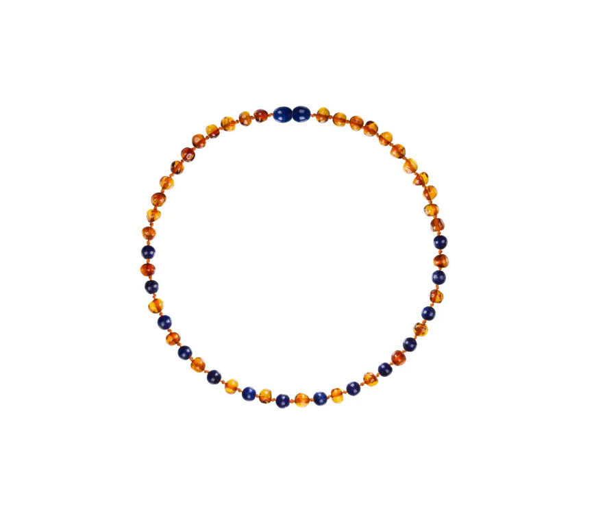 Barnsteen ketting - Cognac met lapis lazuli