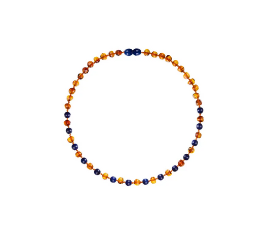 Barnsteen ketting - Cognac met lapis lazuli