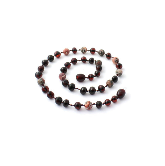 Barnsteen ketting - Ruwe Cherry & Luipaard Jaspis