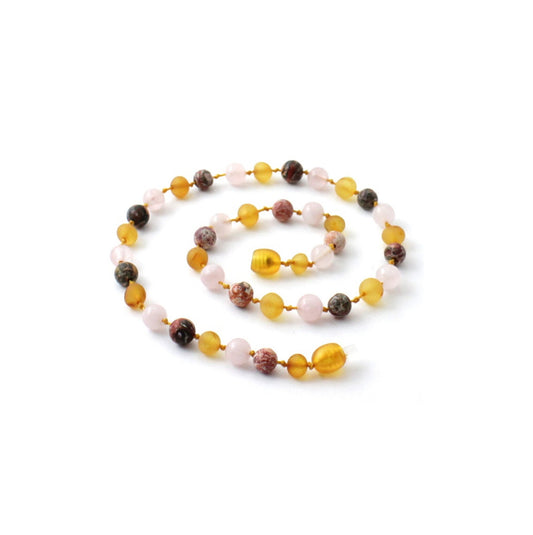 Barnsteen ketting - Ruwe honing, Luipaard Jaspis & Rozenkwarts