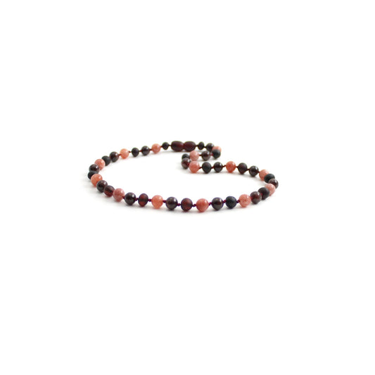 Barnsteen ketting - Ruwe Cherry, Granaat & Zonnesteen