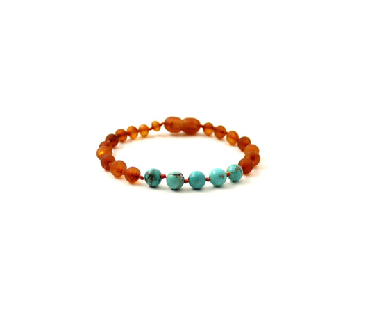 Barnsteen armband - Cognac ruw & Turquoise