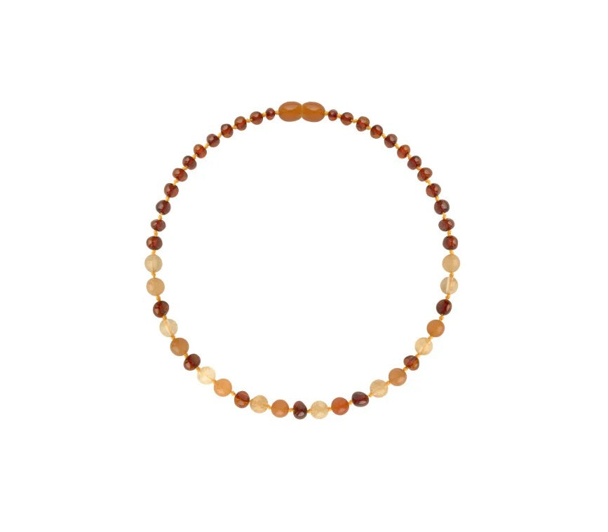 Barnsteen ketting -  Cognac, quartz & aventurijn