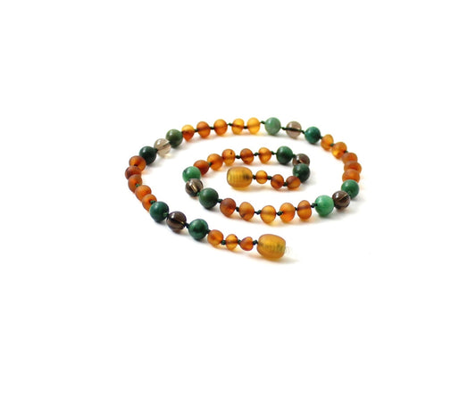 Barnsteen ketting - Ruw cognac, Afrikaanse jade & rookkwarts