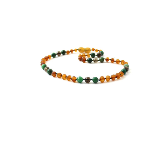 Barnsteen ketting - Ruw cognac, Afrikaanse jade & rookkwarts